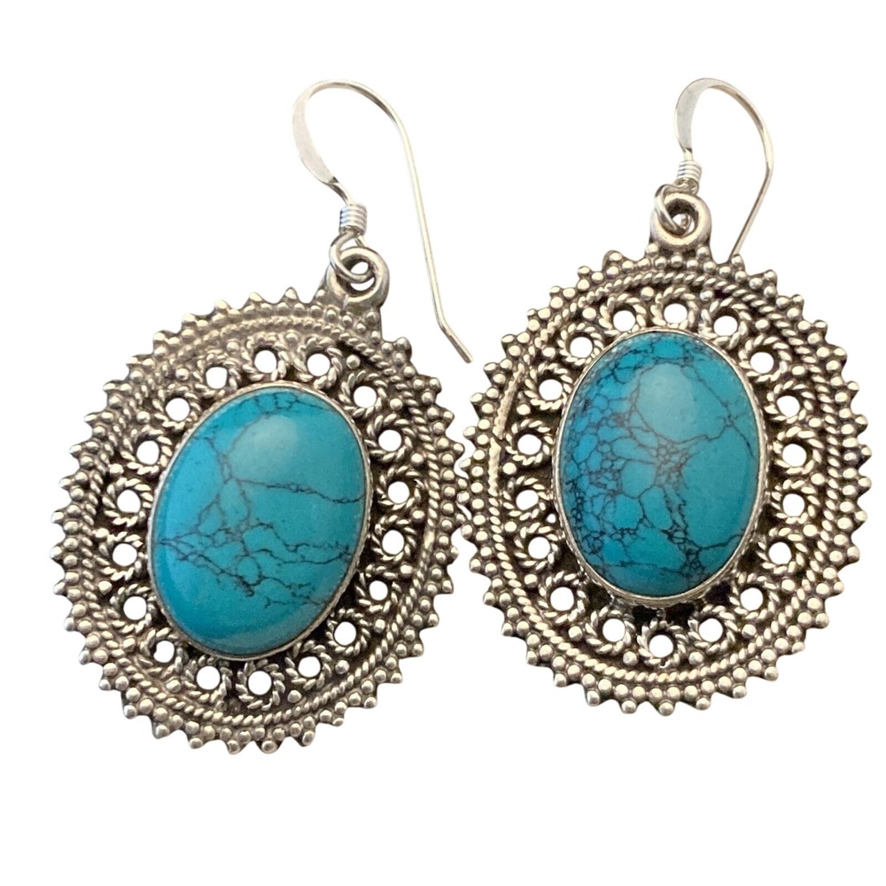 Vintage Turquoise Dangle Drop Earrings Sterling‎ 925 Silver 12g Boho Western